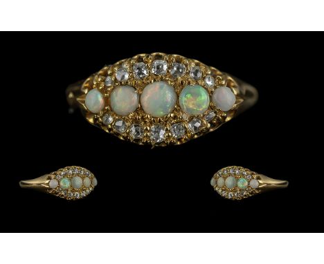 Antique Period - Excellent 18ct Gold Diamond and Opal Set Dress Ring, Full Hallmark to Interior of Shank. Hallmark Chester 19