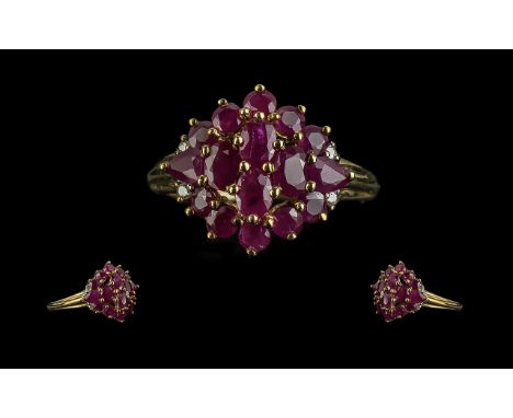 Ladies - Attractive 9ct Gold Ruby Set Cluster Ring. Full Hallmark to Shank. The Well Matched Rubies of Good Colour / Clarity.