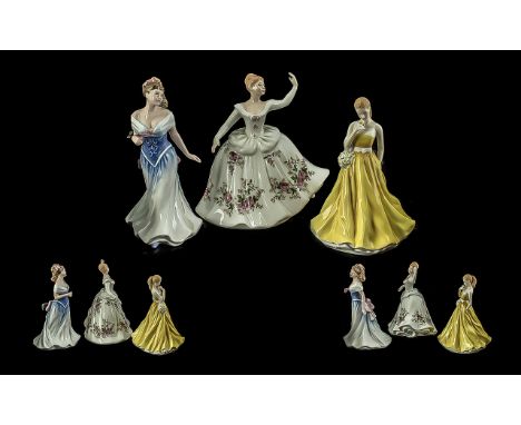 Royal Doulton Trio of Handpainted Porcelain Figures (3), comprises 1.  'Flower of the Month - March' Jon Quil Devotion ' HN55