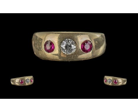 18ct Gold - Superior Quality 3 Stone Ruby and Diamond Set Ring. The Pave Set Rubies and Diamond of Excellent Colour. Ring Siz