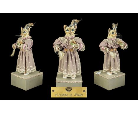 French Automaton Music Box by L' Arbre a Pain In the Form of a Cat. Mid Century Automaton Music Box In the From a a Performin