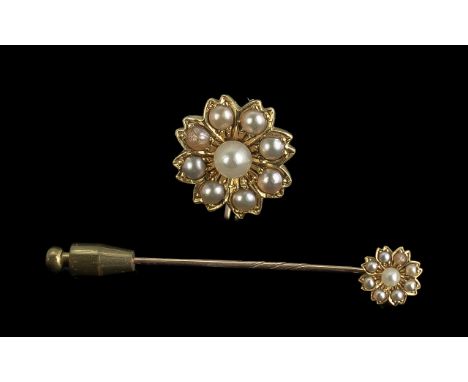 Antique Period Attractive 15ct Gold Seed Pearl Set Stick Pin, With Original Display Hinged Box. Length 2.5 Inches - 6.25 cms.