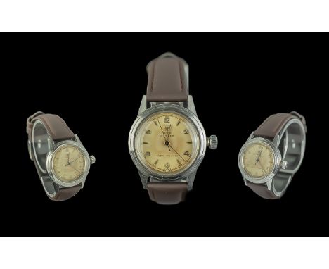 Rolex Tudor Oyster Steel Cased Mechanical Wrist Watch. c.1940's. Features Screw Down Crown and Case back, 15 Jewels, Case Num