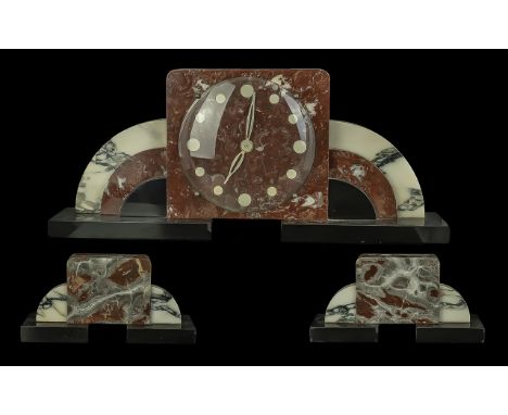Art Deco Three Piece Garniture Set, of square form, marble with arched stepped supports on a black square base. Mantle Clock,