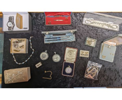 Small Collection of Costume Jewellery, including pearls, cufflinks, earrings, brooches, ring, tie pin, crystal necklace, Rota