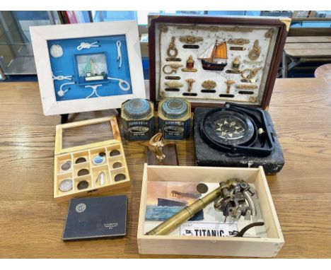 Ships Interest - comprising two framed collections of knots, a ship's compass, a boxed collection from the Titanic museum, tw