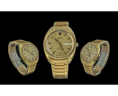 Omega - Geneve Gents 720 MHZ Megasonic - Chronometer Day-Date Gold Plate on Steel Wrist Watch. c.1970's. Features a Soft Yell