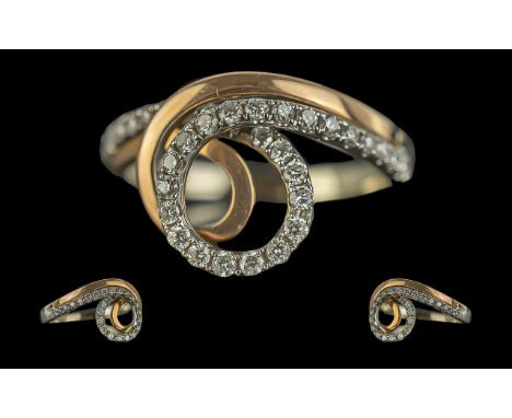 18ct Gold - Contemporary Designed Diamond Set Dress Ring. Marked 750 - 18ct to Interior of Shank. The Round Faceted Diamond o