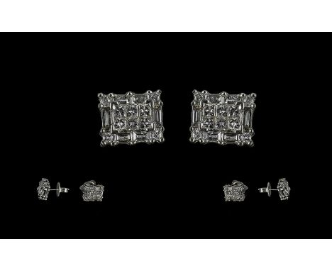 Pair of 18ct White Gold Diamond Set Earrings, six princess cut diamonds with round brilliant cut corners and baguette corners