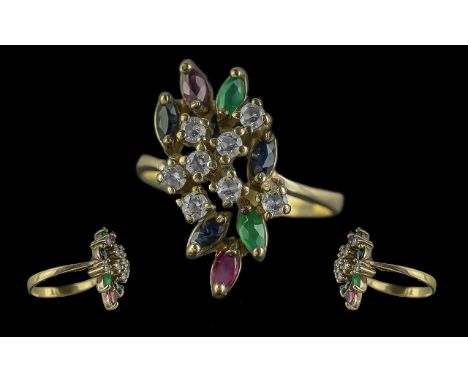 Ladies 15ct Multi-Gem Set Cluster Ring. Marked 15 to Interior of Shank. Set with Diamonds, Sapphires, Emeralds and Rubies. Al
