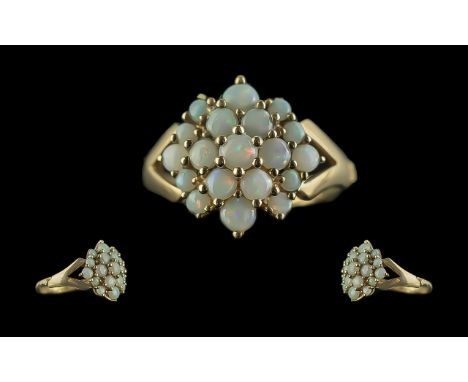 Ladies 9ct Gold Attractive Pale Opal Set Cluster Ring, Flower head Design. Full Hallmark to Shank. The 19 Pale Blue Opals wit