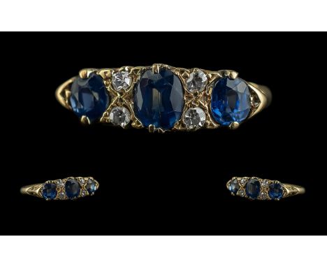 Antique Period - Pleasing Gallery Set 18ct Gold Blue Sapphire and Diamond Set Ring. Full Hallmark for London 1908, The Blue F