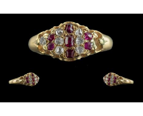 Antique Period Attractive 15ct Gold Ruby &amp; Diamond Set Ring, marked 15ct to shank, set with rubies of good colour, with o