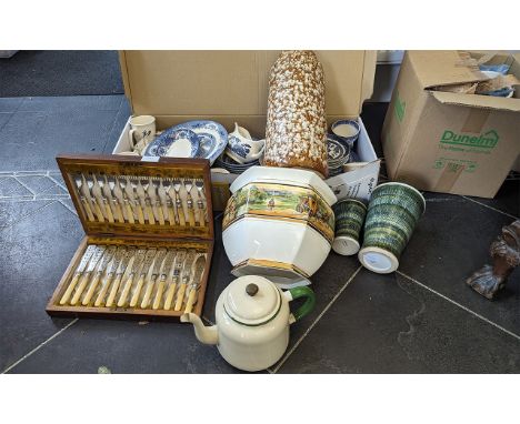 Large Box of Collectible Porcelain &amp; Pottery, including blue and white Willow pattern, plates, side plates, cups, etc.  T