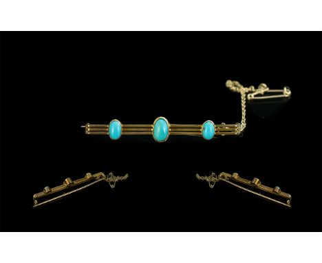 Antique Period Attractive 18ct Gold - Turquoise Set Stick Brooch, Excellent Design. Tests High Ct Gold. The Turquoise Stones 