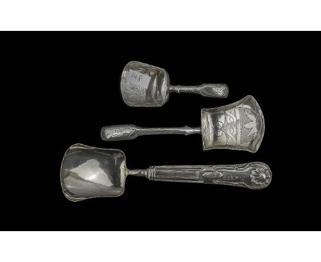 Caddy Spoon &amp; Antique Silver Interest. A Collection of three Georgean Birmingham Silver Caddy Spoons comprising 2 by Jose