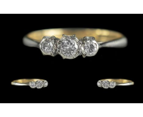 18ct Gold and Platinum 3 Stone Diamond Set Ring. Marked to Interior of Shank. The 3 Pave Set Diamonds of Good Colour. Ring Si