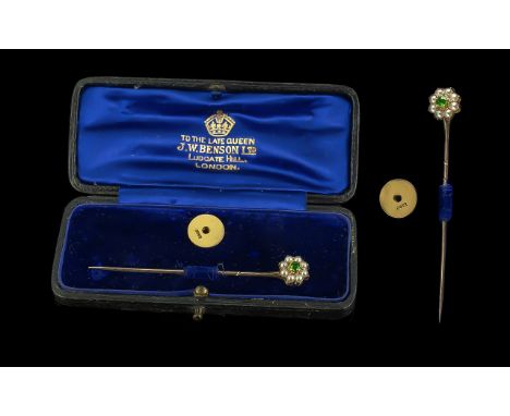 Antique Period 18ct Gold Stick Pin, Set with Emerald and Pearls + 18ct Gold Stud, Both Marked 18ct. Complete with Original Di