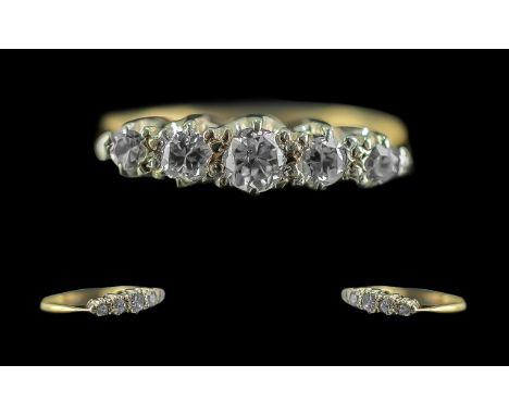 18ct Gold - Attractive 5 Stone Diamond Set Ring. Marked 18ct to Shank. The Round Faceted Diamonds of Good Colour / Clarity. R