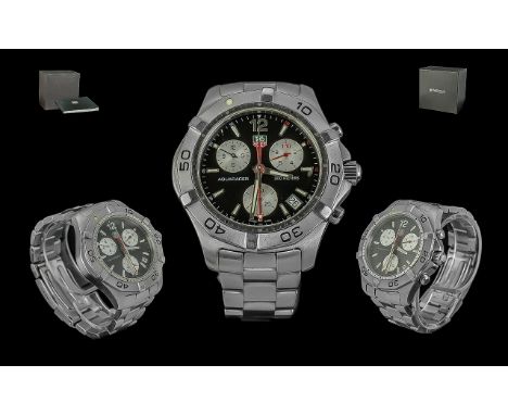 Tag-Heuer Aquaracer Divers, stainless steel chronograph wrist watch.  Features multi dials, rotating bezel, black dial.  Wate