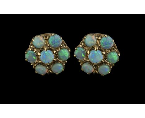 Antique Period - Superb Pair of 9ct Gold Opal Set Earrings of Cluster Design ( Flower head ) The Opals of Excellent Warm Colo