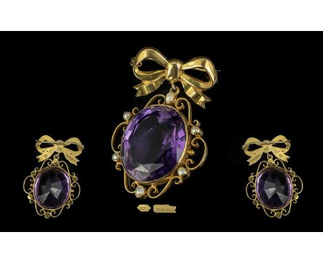 A Superb Quality 9ct Gold Bow - Ribbon Amethyst and Seed Pearl Set Ornate and Pleasing Designed Brooch. Full Hallmark for Che