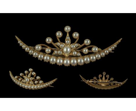 Antique Period - Pleasing 18ct Gold Seed Pearl Set Crescent and Star Burst Brooch, Exquisite Form / Quality. Dated 26-6-95. N