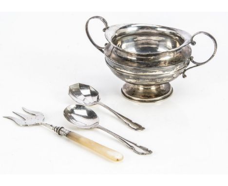 A George V silver twin handled sugar basin by H.A.S, 16.5cm wide and 5.63 ozt, together with two silver spoons and a mop hand