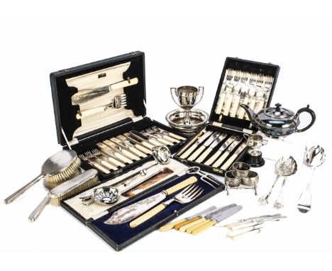 A collection of antique and modern silver and silver plate, including a silver toddy ladle with a Queen Anne coin inset to we