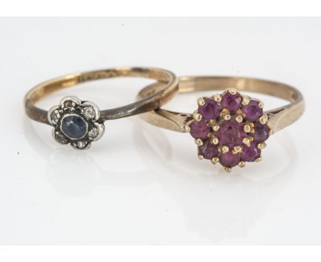 A 9ct gold ruby cluster ring,  ring size Q 2.5g, together with a an 18ct gold and platinum daisy head ring, ring size K 1.5g 