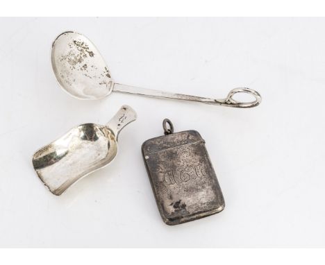 Three Victorian and later collectable silver items, including a shovel shaped tea caddy spoon, Exeter 1869, with initial R or