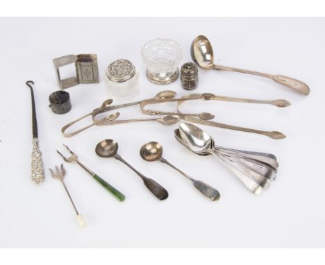 A small group of silver and other items, including a set of six Georgian silver teaspoons, four various silver sugar tongs, a