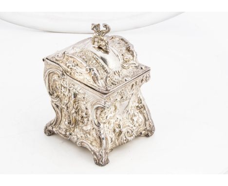 A mid 20th century America silver plated tea caddy from van Bergh, 13cm high, heavy with rococo themed decoration 