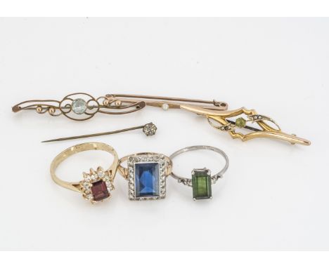 Three brooches and three rings and a stick pin, including a 9ct gold and seed pearl safety pin style brooch, 1.5g, two gold b