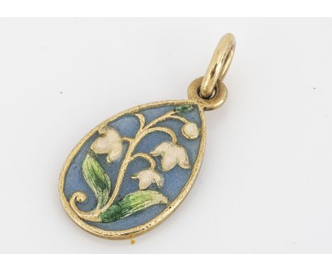 A Russian gold and enamel oval pendant,  of flattened form, decorated with lily of the valley, marked to clasp, 2.4 cm 1.5g 