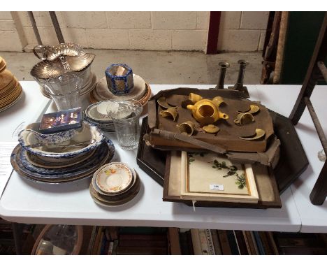 An oak octagonal framed wall mirror; a pair of brass candlesticks; an oriental print on fabric; two old photographs; a part b