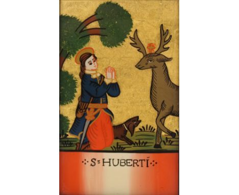 Cantonese school, woman standing, gouache on rice paper, 96cm x 18cm; a reverse print on glass, "Saint Hubert"; a small colle