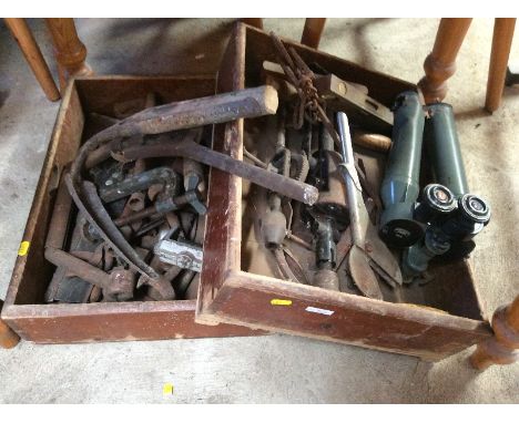 A quantity of various old hand tools, including cramps, levels, drills etc.; and a pair of Carl Zeiss ship's binoculars, AF