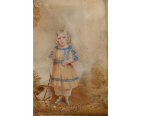 English school, early 19th Century, portrait of a girl in a garden, on ivory, 19cm x 13cm