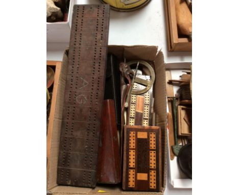 A Victorian rosewood and mixed wood cribbage box; Captain Verner's rapid sketching instrument; the Dicas patenter rule etc.