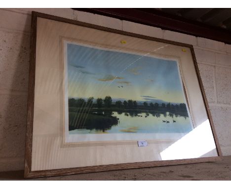 After Peter Scott, lake scene at dusk, signed coloured print, published 1954, 25cm x 53cm