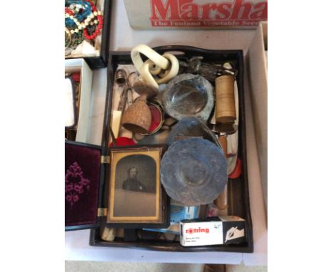 A Victorian daguerreotype photograph, portrait of a gentleman; and a tray of miscellaneous items