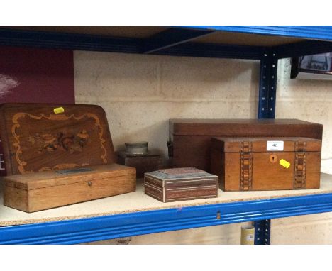 A Victorian walnut and marquetry book stand, 26cm; an Edwardian oak glove box; an Indian teak box; a Victorian Tunbridge ware
