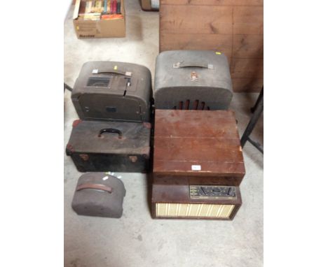 A Phillips vintage record player; a large vintage loud speaker, projector and other audio items