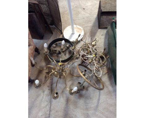 A Dutch style brass ceiling light; various other ceiling lights; and a painted wooden standard lamp