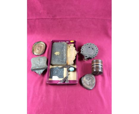 A Grand Tour type souvenir oil lamp, designed with a coliseum; leather wallet, Thomas Greenway, Warwick 1761; and other items