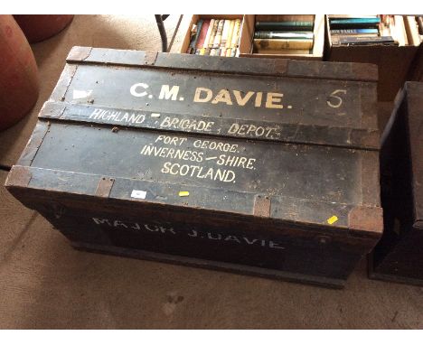 A wooden and metal bound campaign trunk, 100cm long