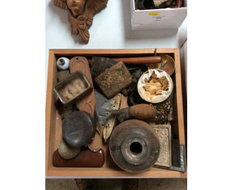 A spelter rabbit pin cushion, 12cm; an African brass ladle; a Japanese cigarette case; a horn plaque, St. Francis of Assisi a