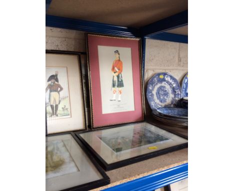 After Henry Alken, sporting meeting in the Highlands, colour print, 20cm x 30cm and other prints of military interest