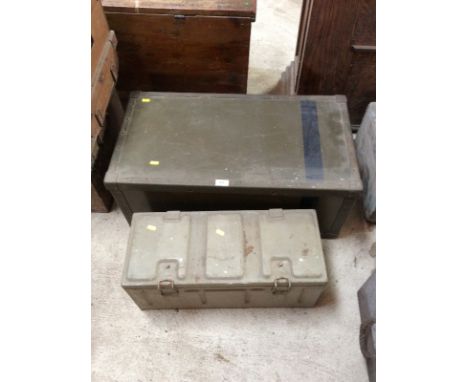 A munitions box, dated 1943; and a military metal bound trunk (2)